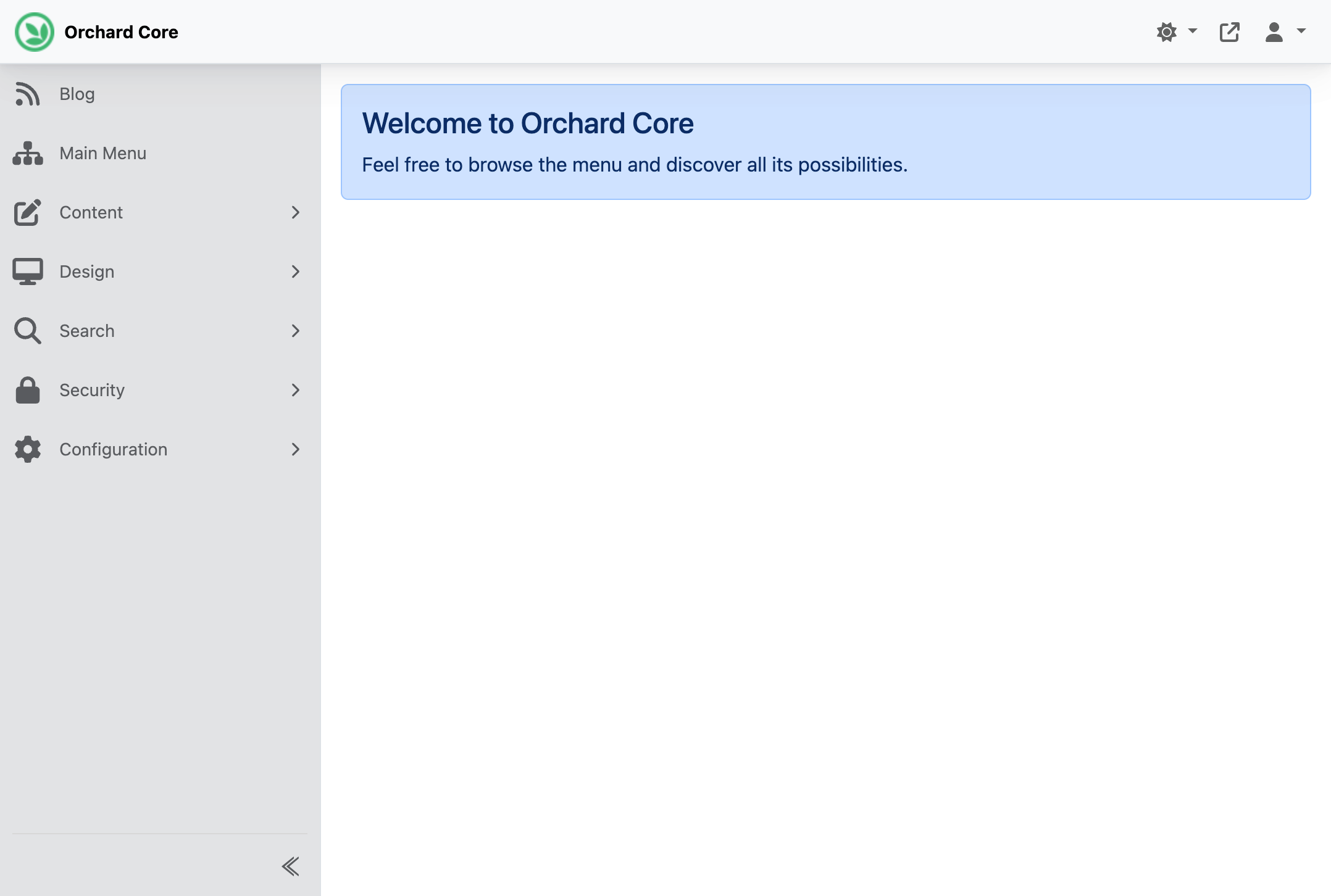 The Orchard Core admin dashboard