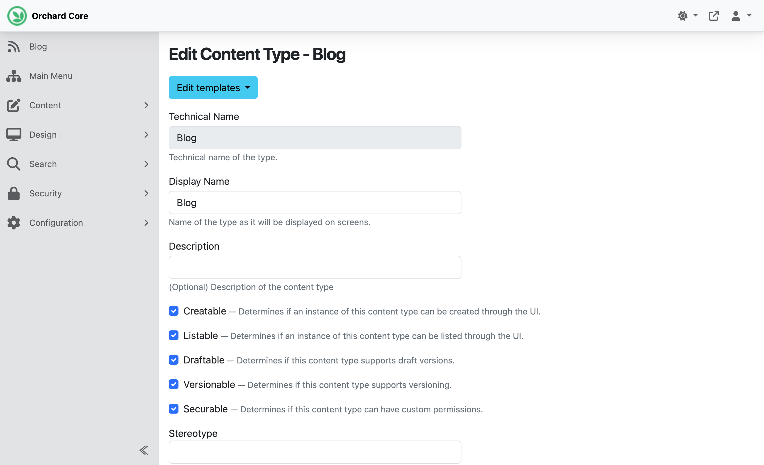 Content Types in the Orchard Core admin