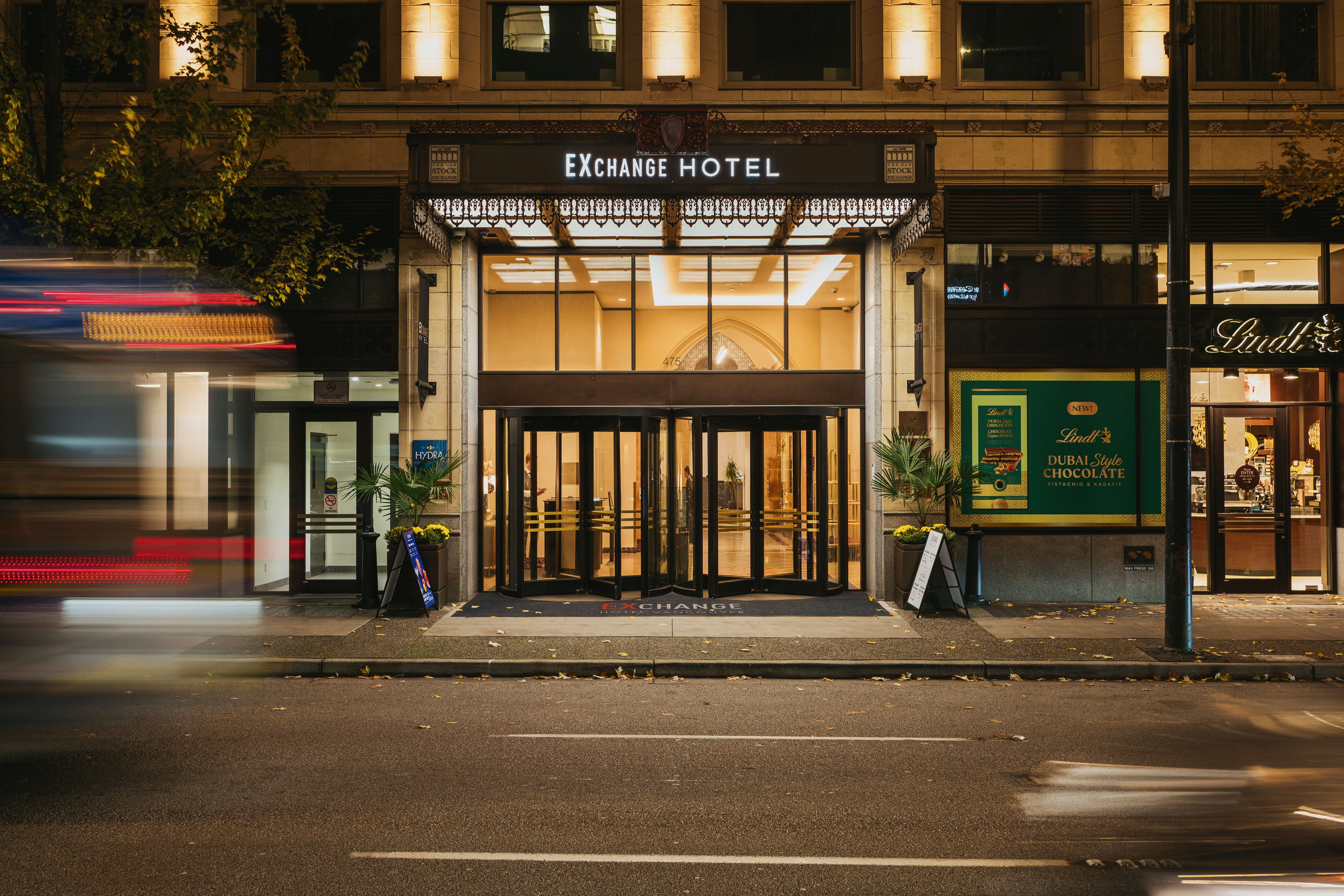 The street entrance of a downtown hotel